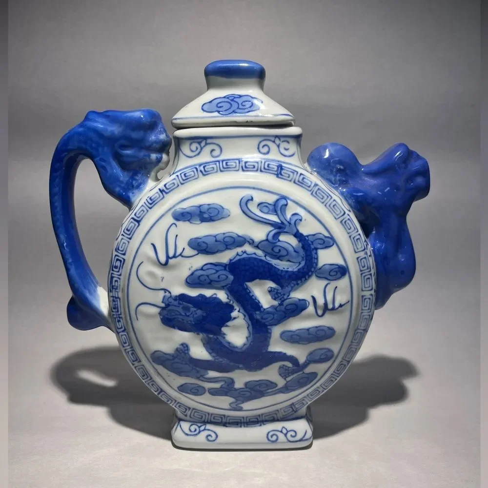 Vtg Dragon Design TeaPot Decorative White Blue Collectible Made In China
